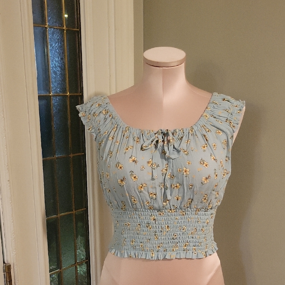 Pink Rose Light Blue Floral Smocked Blouse